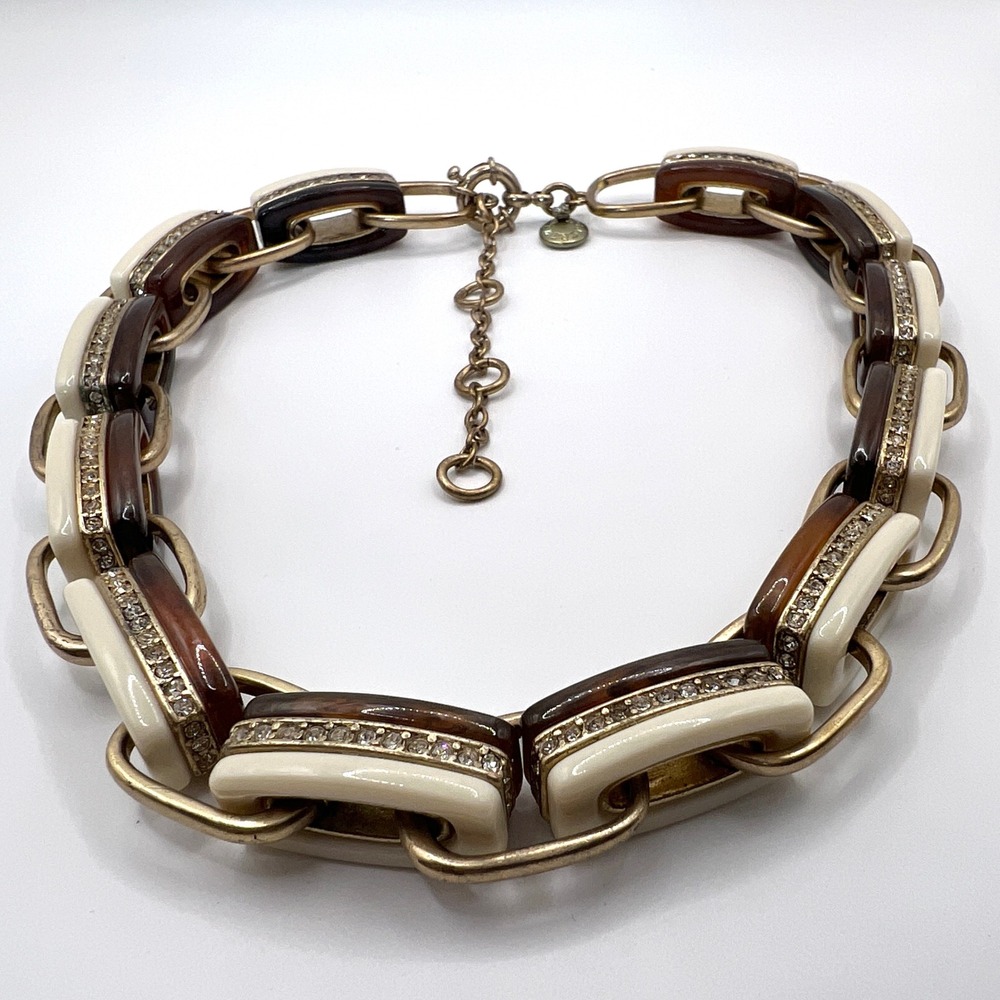 J.Crew Chunky Link‎ Statement Necklace Tortoise Cream Resin Crystal Gold Tone